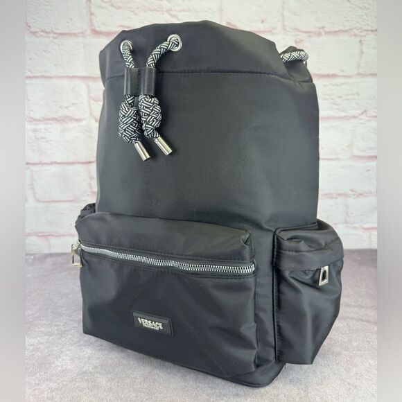 Versace Perfume Black Nylon Backpack with Silver Accents